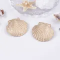 Detailed view of gold shell earrings with radial texture and summer sea props - Gold Scallop Stud Earrings