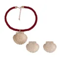 Minimalist red rope shell pendant necklace and earring jewelry set with gold finish - Red Cord Necklace Earring Set