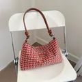 Elegant red and white tweed crossbody bag with brown leather strap and chain detail - Red