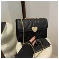 Chic black chain square bag with heart embroidery and gold heart-shaped buckle - Black