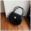 Glossy black patent leather jelly bag with gold chain strap and pearl button detail - Black
