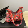 Red vintage floral tote bag with peony patterns and matching small round coin purse - Red