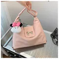 Chic pink crossbody bag with metal bow and cute plush puppy charm for women - Pink