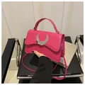 Rose pink litchi pattern square bag with silver crescent buckle and long shoulder strap - Rose Red