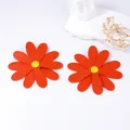 Oversized orange PU leather daisy stud earrings with yellow center on white stone - Orange