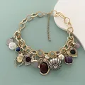 Retro layered chain necklace with beetle heart pendants and colorful gemstones - Gold