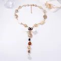 Elegant gold-tone floral resin beaded Y-necklace with vintage tassels and baroque pearls - Necklace