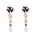 Macro view of floral enamel petals with mixed resin beads and baroque pearl drop earring - Drop Earrings / White