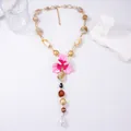 Elegant Y-shaped necklace with beaded chain and pink floral resin pendant design - Necklace / Rose Red