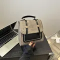 Retro contrast brown and black square backpack with textured matte finish and buckles - Khaki