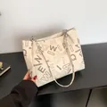 Creamy white large tote bag with chic letter prints and mixed chain shoulder strap - White