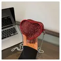 Chic red heart shaped sequin mini bag with silver chain strap for women crossbody wear - Rose Red