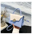 Minimalist light blue and beige patchwork square handbag with large gold metal buckle - Blue