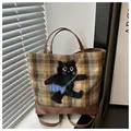 Bruine geruite shopper met kattenborduurwerk en luxe kunstlederen handvatten - Donkerbruin