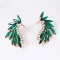Elegant gold feather stud earrings with green marquise stones and zircon accents - Green
