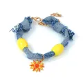 Bohemian denim wrap bracelet with yellow beads and orange sun charm pendant - Blue Denim Sun Charm Style (Fig 1)