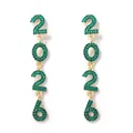 Close-up of gold 2026 number earrings with sparkling green rhinestones and fine details - Dark Green