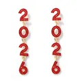 Close-up of dangling gold-plated earrings featuring 2026 numbers with red rhinestones - Red