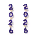Close-up of gold 2026 dangle earrings with pavé-set blue crystals for New Year - Dark Blue