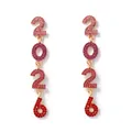 Close-up of 2026 number drop earrings with glittering red and pink crystal rhinestones - Pink Rose Red