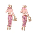 Orecchini a perno donna eleganti con abito in strass rosa e cappello alla moda gioielli - Rosa