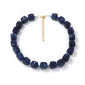 Macro detail of deep blue marble resin cube beads with gold adjustable chain necklace - Dark Blue