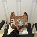 Floral print PU leather shoulder bag with vintage pattern and dual brown straps - Brown