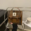 Vintage brown plaid backpack for women with cute bear patch and faux leather trim - With Pendant / Dark Brown