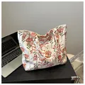 Bolso tote de lona con estampado floral rojo y gran capacidad de estilo casual moderno - Rojo