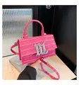 Vibrant pink faux crocodile texture small square bag with silver gothic M buckle and handle - Rose Red