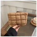 Quilted caramel cosmetic bag with padded square texture and portable hand strap - Khaki