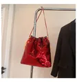 Sparkly red sequin bucket bag with drawstring closure and golden chain shoulder strap - Red