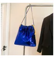 Blue sequin bucket bag featuring high-density sparkles and yellow tassel drawstring - Blue