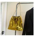 Sparkly gold sequin bucket bag with drawstring closure and metallic chain strap - Gold