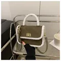 Retro dark green suede crossbody bag with white fuzzy trim and gold twist lock - Green