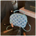 Borsa a tracolla denim a scacchi blu con tracolla a catena e cerniera argento - Azzurro