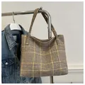 Bolso tote grande de cuadros marrón y blanco en tela de tweed para el día a día mujer - Caqui