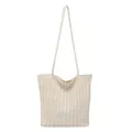 Elegante bolso tote de paja trenzada crema con patrón de ondas y correa de hombro - Blanco Roto