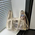Cream white canvas ita bag with transparent window, lace decor and bear plush charm - With Pendant / White