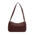 Minimalist burgundy woven shoulder bag with large capacity and sleek top metal zipper - Dark Brown