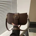 Minimalist vintage dark brown leather shoulder bag with antique gold buckle detail - Brown