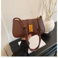 Minimalist vintage baguette shoulder bag in brown matte leather with gold buckle - Dark Brown