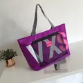 Large purple travel tote with mesh pocket and striped strap for autumn beach shopping - Violet