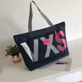 Navy blue large tote bag with VXS design and pink accents for beach and travel - Dark Blue