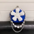 Royal blue mini crossbody coin purse with 3D white flower and pearl chain strap - Blue