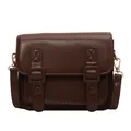 Bruine vintage PU-leren crossbodytas met dubbele decoratieve riemen en gouden beslagstukken - Bruin