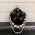 Mini black crossbody bag with 3D flower detail and pearl chain strap for girls - Black