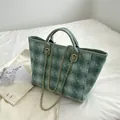 Minimalist large capacity green checkered bucket bag with gold chain strap - Green