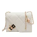 White quilted leather shoulder bag with golden ball chain adjuster and metal lock - White