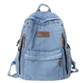 Washed blue denim backpack with brown leather patch and multiple functional zipper pockets - Light Blue